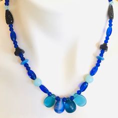 Beautiful Beautiful Blue Czech Glass Necklace With Toggle Clasp. Artisan Made. Handmade Blue Glass Necklaces, Handmade Blue Necklaces For The Beach, Handmade Blue Necklaces For Beach, Adjustable Blue Czech Glass Jewelry, Bohemian Blue Czech Glass Necklaces, Glass Necklaces For Beach, Blue Czech Glass Beach Jewelry, Blue Glass Beaded Necklaces As A Gift, Blue Glass Beaded Bohemian Necklace