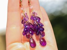 "THE JEWELRY IS SHIPPED via DHL EXPRESS (2-5 days delivery door to door). THE DHL SHIPPING COST IS INCLUDED IN THE PRICE. The Violet Dance Earrings - Purple Amethyst Earrings Cascade, Long Cluster Gemstone Earrings ► Measurements / Details: - Length including earwire: 2.5\" (~6.4 cm) *can be made shorter/longer per request - Silver: High quality Sterling Silver - Gold: High quality Gold Filled ► Gemstones: The earrings include excellent AAA quality gemstones, they are undyed, natural, superbly f Amethyst Gemstone Earrings For Wedding, Amethyst Gemstone Earrings For Party, Amethyst Earrings With Gemstone Accents For Wedding, Wedding Earrings With Amethyst And Gemstone Accents, Purple Briolette Jewelry With Gemstone Accents, Amethyst Gemstone Wedding Earrings, Wedding Amethyst Earrings With Gemstone Accents, Purple Gemstone Long Drop Jewelry, Purple Amethyst Long Drop Jewelry