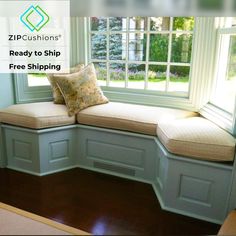 a window seat with pillows on it in front of a window sill that has the words zip cushions ready to ship free shipping