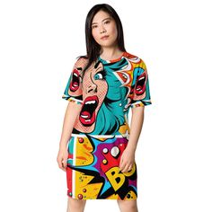 Embrace the spirit of iconic pop art with our comfortable fit T-shirt dress, inspired by the legendary Andy Warhol style. This unique garment boasts a stunning comic art print that captures the essence of vibrant colors and bold designs. Whether you're searching for a gift for her or looking to elevate your own wardrobe, our comic book loose fit summer dress is the perfect choice for making a statement and standing out from the crowd. Step into the past with our retro dress, offering a loose fit and a touch of nostalgia. This summer dress is not only stylish but also a joy to wear, thanks to its lightweight and breathable fabric. The vibrant and dynamic color palette brings a playful charm to your ensemble, making it a delightful addition to your summer wardrobe. Feel confident and fashion Graphic Print T-shirt Dress With Crew Neck, Multicolor Graphic Print Crew Neck Dress, Graphic Print Crew Neck T-shirt Dress, Multicolor Graphic Print Dress With Crew Neck, Multicolor Graphic Print Short Sleeve Dress, Short Sleeve Multicolor Graphic Print Dress, Graphic Print T-shirt Dress For Streetwear, Retro Cotton Dress With Graphic Print, Cotton Graphic Print Streetwear Dresses