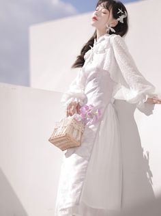 ❤︎sheer cardigan + flower china dress + pleated skirt❤︎ Sleeveless Cheongsam, Sheer Cardigan, Light Purple Flowers, Dress Pleated, China Dress, Chinese Dress, Slim Dresses, Purple Flower, China Fashion