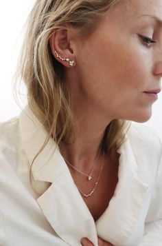 Discover NOOMI STAR Earrings | Ear climbers in silver | Design Mila Silver Swedish Jewelry, Small Silver Earrings, Piercing Inspo, Bloom Design, Silver Jewelry Box, Ear Climber, Earrings Ear, Matching Jewelry, Stylish Earring