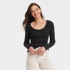 Women's Long Sleeve Rib Scoop Neck T-shirt - Universal Thread™ Black 4x : Target Black Ribbed Top, Ribbed Shirt, Scoop Neck Top, Slim Fit Shorts, Black Xs, Black Rib, Universal Thread, Long Sleeve Shirt, Women Long Sleeve