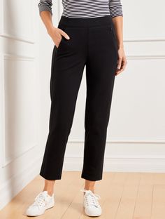 Part of T by Talbots, our most comfortable collection ever! Everyday Stretch Straight Leg Ankle Pants. Our amazingly smooth everyday pant with breathable, supportive fabric that offers great coverage. Stretches with you, but not out of shape Features Straight Leg Hits: At Waist Ankle Length Elastic waistband closure Imported Fit: Misses: 26"; Petite: 24"; Plus: 26"; Plus Petite: 24" Material: 89% Cotton, 1% Spandex Care: Machine Wash Cold; Only Non-Chlorine Bleach When Needed; Turn Garment Insid Gray Ankle Pants Outfit, Ankle Pants Outfit, Comfortable Dress Pants, Pant Outfits For Women, Everyday Stretches, Black Pants Outfit, Blazer Outfits Casual, Black Ankle Pants, Ankle Pants Women