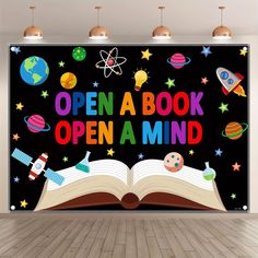 an open book with the words open a book, open a mind on it's cover