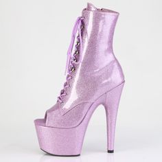 7" High Heel, 2 3/4" Platform Lace Up Ankle Boots. Peep Toe Front And Inner Side Zipper Closure. Lilac Purple Glitter Faux Patent Leather. Styles: Clubbing Party Formal Dance Roda-1021gp Glamorous High Ankle Heels For Spring, Spring Glamorous Platform Boots, Glamorous Spring Platform Boots, Purple Platform Party Boots, Purple Ankle-high Party Heels, Purple Platform Boots For Party, Ankle-high Purple Party Heels, Glamorous Fitted Purple Heels, Purple High Heel Boots For Spring