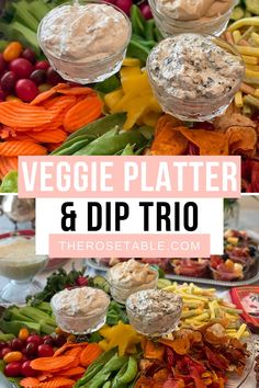 veggie platter and dip trio with text overlay