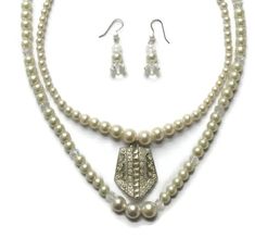 Double Strand Faux Pearl and Crystal Necklace and Earring Set - Etsy Wedding Jewelry Sets Bridal Jewellery, Cheap Diamond Rings, Rings Ideas, Bridal Jewelry Vintage, Vintage Jewelry Sets, Bridal Fashion Jewelry, Pearl Jewelry Sets, Assemblage Jewelry, Necklace And Earring Set