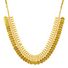 This unique 22k gold jewelry set is just what a woman needs to add a gleaming layer of gold to their looks for a special evening.The 22k yellow gold necklace and matching jhumka earrings have a ultra feminine style and appeal. The vibrant cubic zirconia, rubies, and cultural engravings add a regal feel to this dazzling set.Features• 22K Yellow Gold.• Rubies. • Cubic Zirconia.Specifications• Minimum Necklace Width - 2 millimeters • Maximum Necklace Width - 27 millimeters• Necklace Length - 22 inc Yellow Chandbali Jewelry With Intricate Design, Bollywood Style Yellow Gold Bridal Necklace For Diwali, Festivals Gold Jewelry Sets, Festive Bollywood Bridal Necklace In Yellow Gold, Yellow 22k Gold Jewelry For Wedding, Yellow 22k Gold Wedding Jewelry, Yellow Gold Round Kundan Necklace In Temple Style, Festive 22k Gold Chandbali Necklaces, Yellow Gold Round Kundan Necklace Temple Jewelry