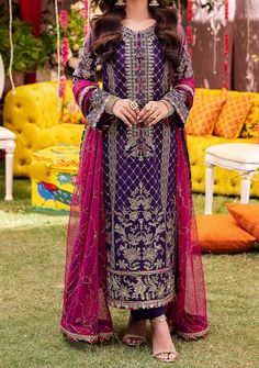 Introducing our New collection 'JAG MAG' by Asim Jofa designed to make you look and feel your best. Asim Jofa’s “Jag Mag Collection” unveils this purple outfit which celebrates the richness of desi festivities. Draped in royal purple, this outfit boasts a neckline lavishly embroidered with antique gold and gold zariwork complemented by 3mm gold sequins. The rhythmic embroidery flows across the shirt creating contemporary motifs that make this piece truly luminous. Paired with an embroidered pink dupatta, this ensemble is a testament to the vibrant spirit of celebration. Embroidered Front Center Panel On Net. Embroidered Side Panel Right and Left On Net. Embroidered Border For Front Daman On Net. Embroidered Back With Border On Net. Embroidered Sleeves With Border On Net. Embroidered Border Elegant Purple Kurta With Pallu, Traditional Purple Sharara For Festive Occasions, Traditional Purple Sharara With Dupatta, Navratri Purple Sharara With Straight Kurta, Purple Sharara For Navratri With Traditional Drape, Festive Unstitched Purple Suit With Intricate Embroidery, Festive Purple Unstitched Suit With Intricate Embroidery, Purple Straight Kurta Sharara For Festive Occasions, Elegant Purple Dabka Salwar Kameez