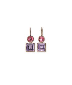 14k Pastille Earrings in Pink Topaz & Amethyst. Fine gold earwires with faceted round pink and square purple stones. Square Stone Earrings, Square Stone, Pink Topaz, Stone Earrings, Purple Amethyst, Semiprecious Stones, Topaz, Gold Earrings, Thailand