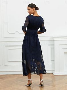 Women's Wedding Guest Cocktail Dress Maxi Dress Lace Ruffle Party Elegant Formal V Neck Half Sleeve Flutter Sleeve Dark Blue Color 2024 - $41.99 Wedding Guest Cocktail Dress, Summer Wedding Attire, Maxi Dress Wedding Guest, Evening Dresses Cocktail, Maxi Dress Wedding, Maxi Dress Cocktail, Dark Blue Color, Cocktail Dress Lace, Lace Ruffle