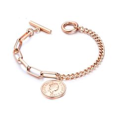 Rose Gold Link Bracelet with Coin Charm and Toggle Clasp Hollywood Sensation, LLC Classic Rose Gold Metal Bracelets, Dainty Rose Gold Tarnish Resistant Charm Bracelet, Timeless Rose Gold Jubilee Chain Bracelet, Timeless Rose Gold Chain Bracelets, Timeless Rose Gold Chain Bracelet, Timeless Rose Gold Jubilee Bracelet, Elegant Rose Gold Link Paperclip Bracelet, Timeless Rose Gold Chain Bracelet For Formal Occasions, Timeless Rose Gold Chain Jewelry