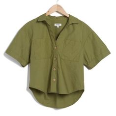 Brand New Kenzie Brand Size L Crisp Cotton Defines This Versatile Button-Up Top That's Framed With A Split Neck And Collar. Spread Collar Short Sleeves 100% Cotton Cheap Button-up Blouse From H&m, Green Short Sleeve Shirt With Buttons For Spring, Green Short Sleeve Button Shirt For Spring, Green Everyday Shirt With Buttons, Olive Cotton Short Sleeve Shirt, Olive Cotton Summer Shirt, Summer Olive Cotton Shirt, Cotton Tops With Placket For Day Out, Green Cotton Shirt With Shirttail Hem