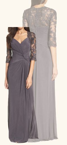 two women in long dresses with lace sleeves