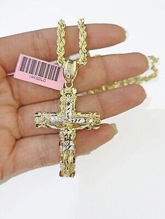 Premium Quality 14k Yellow Gold Rope Chain & Jesus Nugget Cross Charm SET 4mm 22 Inches Necklace, Fine Jewelry Gold Nugget Jewelry, Vaseline Lip, Chain And Pendant, Gold Rope Chains, Cross Chain, Gold Nugget, Gold Cross, Cross Charms, Charm Set