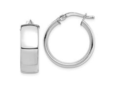 Rhodium over 14k white gold high polished hoop earrings. Measure approximately 13/16"L x 1/4"W and have saddleback backings. Nickel Free White Gold Small Hoop Earrings, Nickel Free Small Hoop Earrings In White Gold, Small Hoop Jewelry With Polished Finish For Anniversary, Nickel-free Huggie Earrings For Formal Occasions, Nickel Free Huggie Earrings For Formal Occasions, Sterling Silver White Gold Hoop Earrings, Fine Jewelry White Gold Huggie Earrings With Polished Finish, Classic Nickel-free Huggie Jewelry, Modern Small Hoop Jewelry With Shiny Finish