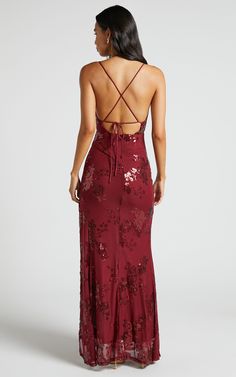 You’ll never want to take off our Out Till Dawn Dress! Featuring a deep V-neckline, low back, and sensual thigh-high split, this bombshell party dress is sure to make a statement. An outer layer of fine mesh embellished with sequins in an opulent floral pattern rounds out this glamorous look. Pair this maxi with sky-high heels and stay out till dawn!Shop all Showpo.Product Details Invisible zip with hook-and-eye closure on centre back Self fastening shoulder straps that cross over at back Original Prom Dress, Vegas Formal Dress, Crazy Prom Dresses, Wine Prom Dress, Old Hollywood Prom, Thigh Split Dress, Prom Dress Uk, Maroon Prom Dress, Split Dress Thigh