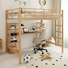 a bedroom with a bunk bed, desk and chair next to a soccer ball on the floor