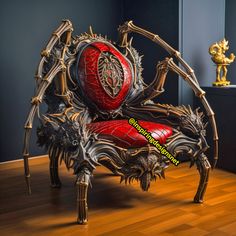 a chair made to look like a giant spider man sitting on top of a wooden floor