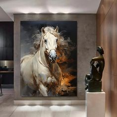 a painting of a white horse is on the wall