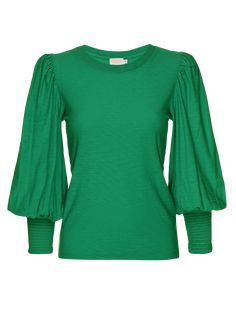 The ease of a comfortable cotton tee meets the look of a fancy blouse. An exaggerated shoulder, volume in the 3/4 length sleeve, and smocking around the cuff create a delightfully feminine look. It's our best seller for a reason. (This one comes in Verdant Green.) | Women's Loren Tee Top in Verdant Green | Ethical Essentials Chic Cotton Top With Bishop Sleeves, Summer Crew Neck Top With Gathered Sleeves, Crew Neck Top With Gathered Sleeves For Summer, Spring Cotton Tops With Pleated Sleeves, Fall Cotton Tops With Pleated Sleeves, Fall Tops With Smocked Cuffs And Relaxed Fit, Cotton Top With Balloon Elastic Sleeves, Cotton Tops With Pleated Sleeves And Relaxed Fit, Fall Tops With Balloon Sleeves And Elastic Shoulders