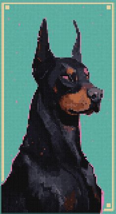 a black and brown dog on a blue background cross stitched in to a square frame