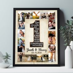 a personalized photo collage with the number one on it is displayed next to a vase