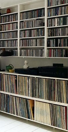 a room filled with lots of different types of records and cds on shelving units