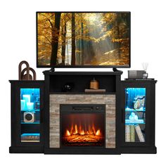 an entertainment center with a fireplace and television on it's stand in front of a white background