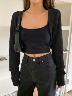 Outfits With Small Cardigans, Small Black Cardigan Outfit, Crop Knit Cardigan Outfit, All Black Outfit Casual Simple, Black Crop Cardigan Outfit, Mini Cardigan Outfit, Cropped Black Cardigan Outfit, Black Knit Cardigan Outfit, Short Black Cardigan Outfit