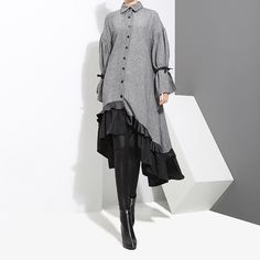 Iranian Clothes, Layered Ruffle Dress, Loose Midi Dress, Asymmetrical Shirt, Casual Office Wear, Grey Shirt Dress, Gray Shirt, Ruffle Long Sleeve, Ruffle Shirt