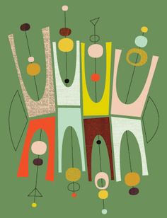 an art print with abstract shapes and colors on green background, including circles, dots, lines