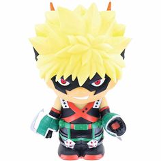 an action figure is shown on a white background and has yellow hair, red eyes, and