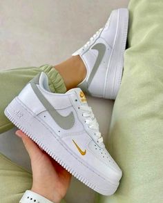 Green White Gold Swoosh Custom Air Force 1s-shecustomize Golden Sneakers, Shadow Shoes, Nike Fashion Shoes, Preppy Shoes, Air Force 1s, All Nike Shoes, Custom Air Force 1, Gold Sneakers, Baskets Nike