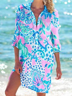 Women's Floral Print Long Sleeve Beach Shirt Dress Multicolor Long Sleeve Vacation Dresses, Long Sleeve Multicolor Dresses For Vacation, Long Sleeve Vacation Dresses, Summer Long Sleeve Printed Beach Dress, Long Sleeve Printed Beach Dress For Summer, Printed Long Sleeve Beach Dress For Summer, Long Sleeve Printed Beach Dresses, Printed Long Sleeve Beach Dresses, Long Sleeve Printed Beach Dress Cover-up