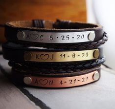 **The price is only for one bracelet only**Personalized Leather Bracelets, Personalized bracelet, customized Anniversary bracelets, Couple anniversary, Customized engraved BraceletThese new creation handmade bracelets are for boyfriend birthday gifts, couples anniversary date gifts, couples gift, wedding anniversary gift, your sister gifts, your mother gifts, your best friends, unisex options.Metal+Leather band+custom information= Cool styleI can hand stamped any information into the bracelets.I Classic Customized Bracelets For Anniversary, Classic Adjustable Engraved Braided Bracelets, Personalized Silver Leather Bracelet For Anniversary, Adjustable Engraved Stainless Steel Braided Bracelets, Customized Bracelets For Anniversary, Personalized Adjustable Bracelet For Anniversary Gift, Engraved Stainless Steel Bracelet Gift, Adjustable Gold Leather Bracelet Engraved, Adjustable Engraved Name Bracelet For Anniversary Gift