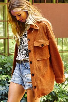 Get dressed for fall. Rhylee Rust Jacket Oversized Silhouette Solid brushed two tone fabric 85% Polyester 10% Rayon 5% Spandex Boho Cozy, Backyard Fire Pit, Oversized Shacket, Walking The Dog, Golden Yellow Color, Perfectly Posh, Backyard Fire, Oversized Silhouette, Tailored Pants