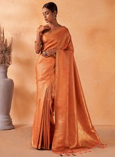 Tangerine Brocade Detailed Kanjivaram Silk Saree Rust Orange Silk Saree, Wedding Sarees Online, Wedding Orange, Kanjivaram Saree, Orange Saree, Silk Weaving, Latest Indian Saree, Kanjivaram Silk Saree, Indian Sarees Online