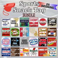 the sports snack tag bundle is available for all kinds of items, including t - shirts and stickers