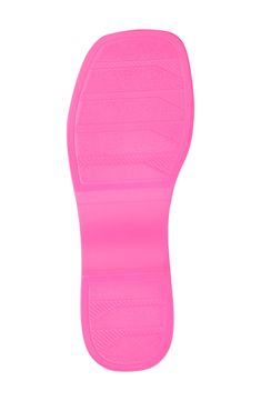 A chunky platform and strappy upper add Y2K-inspired style to a slide sandal finished with a squared toe for modernist appeal. 3 1/2" heel Synthetic upper, lining and sole Imported Synthetic Block Heels With Lug Sole, Pink Open Toe Slides With Rubber Sole, Pink Slip-on Platform Slides, Pink Platform Open Toe Slides, Pink Slip-on Sandals With Rubber Sole, Pink Non-slip Slide Sandals, Olivia Miller, Chunky Platform, Slide Sandals