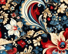 an artistic floral design with red, white and blue flowers on a black background is featured in this image