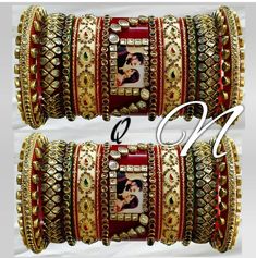 Create The Timeless Glamour With Charming Red & Beige Color Photo Chura Set. Center Piece Is Decorated With High Quality Glass Kundan & Photo Frame For Pictures Of Your Loved Ones. Glass Stone Beaded Bangles Are Placed In A Pleasing Manner And Making This Ensemble One Of Its Kind. Kundan Work Kada At Both End Of This Ensemble Are Adding Charm To The Look. Be An Angel And Create A Splendid Impact On Everyone By Wearing This Gorgeous Design. This is a set of 30 Bangles (15 For Each Hand). Punjabi Choora, Wedding Bangles, Beaded Bangles, Designer Glass, Kundan Work, Timeless Glamour, Bridal Bangles, Bead Bangles, Pakistani Wedding