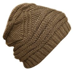 a brown knitted beanie hat on a white background