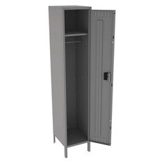 a gray metal locker with its door open