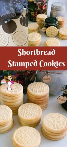 shortbread stamped cookies on a table with the words shortbread stamped on them