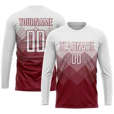 a red and white soccer jersey with the name team name 00 on it, in front of