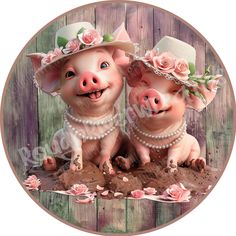 two little pigs wearing hats and pearls on their heads sitting next to each other in front of a wooden background