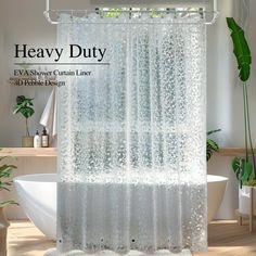 This classic and chic looking plastic clear EVA shower curtain liner is translucent with an attractive cobblestone pattern, looks like raindrops! Allows light through but distracts from clarify to offer perfect privacy. It is made from 100% Eco-friendly EVA material, which is PVC free, healthy, soft and durable. Youll love the pebble pattern and texture. The rustproof grommets and reinforced eyelets with 12 plastic hooks to prevent damage from humidity and reduce the risk of rusting like that me Pebble Design, Translucent Design, Plastic Shower, Plastic Curtains, Plastic Shower Curtain, Blue Shower Curtains, Shower Curtain Liner, Pattern And Texture, Shower Liner