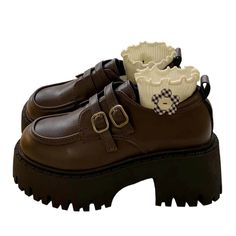 Platform shoes with double buckle straps and a rugged, chunky sole Material: Vegan Leather Run small, please review the sizing information Platform Shoes Brown, Vintage Chunky Shoes, Platform Work Shoes, Alt Platform Shoes, Brown Chunky Shoes, Alt Gift Ideas, Big Chunky Shoes, Chunky Boots Aesthetic, Chunky Shoes Aesthetic